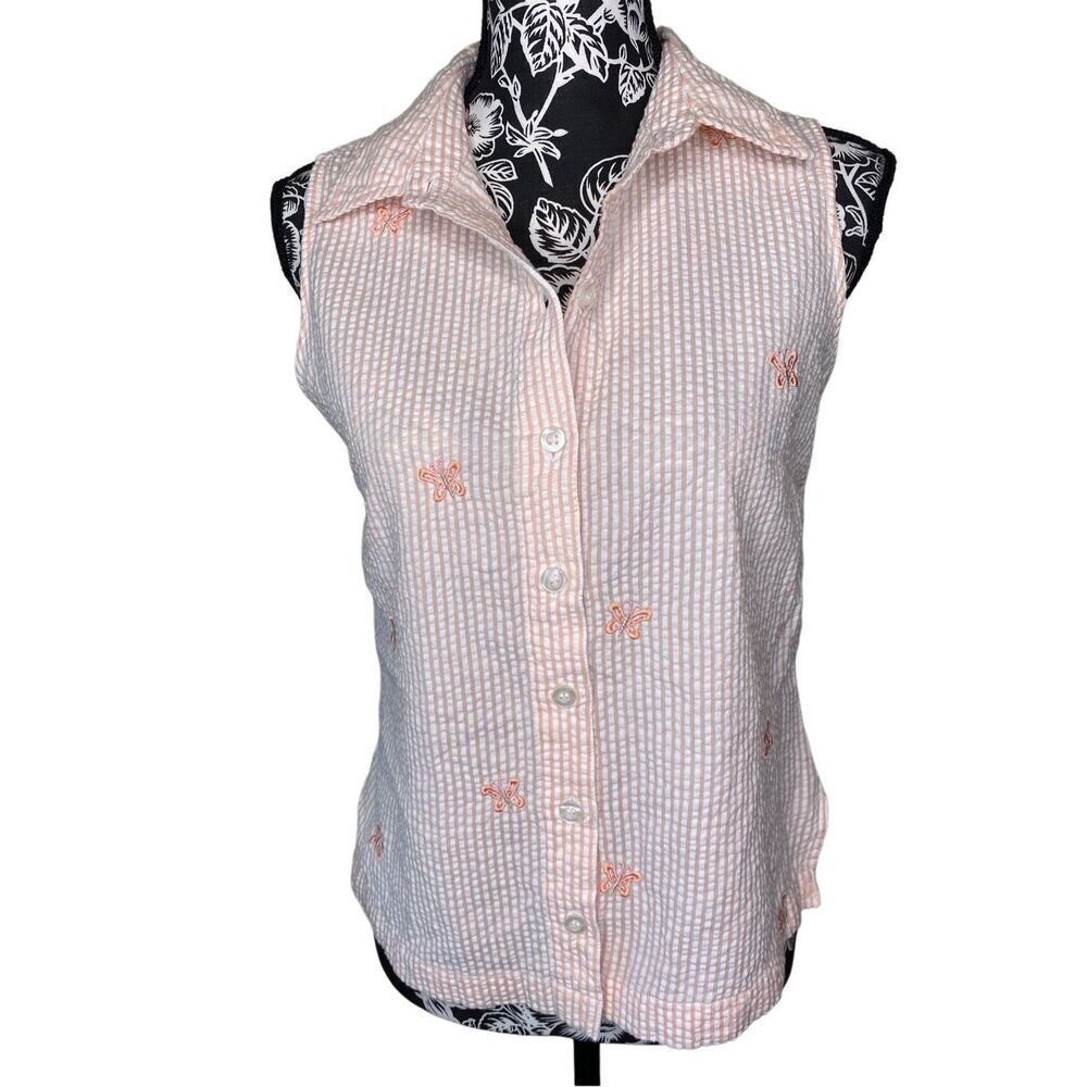 Vintage NorthCrest Butterfly Striped Collared Tank Top Button Up Size Small